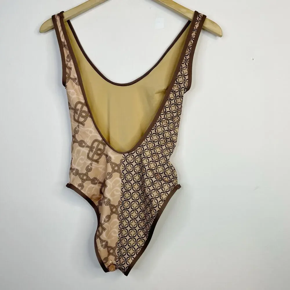 ASOS Design Splice One Piece Swimsuit Monogram Chain Horse bit Print Brown Tan 6